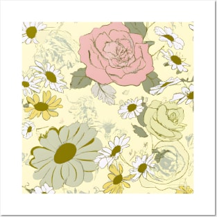 Vintage Floral Design: Hand-Drawn Daisies and Roses on a Pale Yellow Canvas. Posters and Art